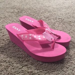 Cute stylish pink wedge polka dot flip flops